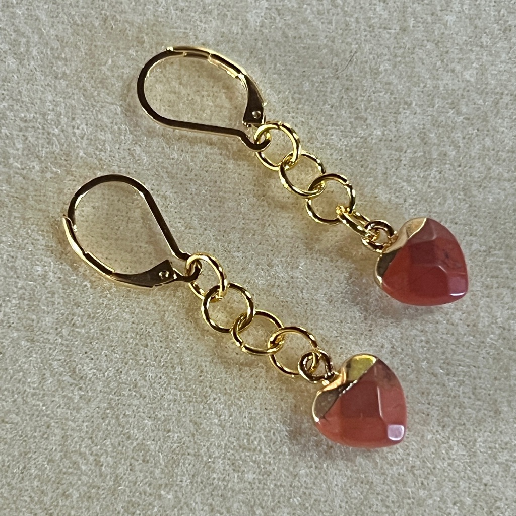 New Beautiful Red Jasper & Gold Link Heart Earrings With Lever Back Hooks